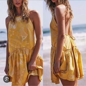 NWOT Free People Deserted Island Mini Yellow Floral Dress Size L